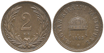 Венгрия 2 филлера 1905 КВ, Франц Иосиф I (1848-1916) KM 481 бронза 100-835