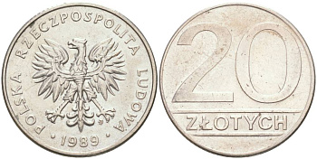 ПОЛЬША 20 ЗЛОТЫХ 1989 MW KM 153.2 медно-никель 4551-1054