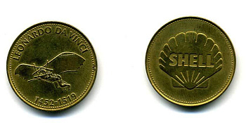 США ЖЕТОН ND SHELL, МОДЕЛЬ САМОЛЕТА ЛЕОНАРДО ДЕ ВИНЧИ, 26 мм, 5,0 гр латунь 179-915