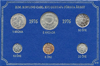 Швеция набор монетного двора из 6 монет 1976 в картоне, Карл XVI Густав (1973- ) KM MS4 UNC 7-5-7-226