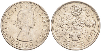Великобритания 6 пенсов 1967 Елизавета II (1952-2022) KM 903, Spink 4149 медно-никель UNC 192-243