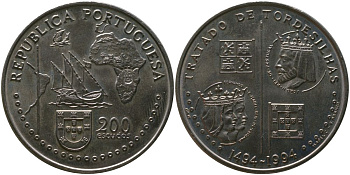 Португалия 200 эскудо 1994 INCM, 500 лет с момента заключения Тордесильясского договора KM 671 медно-никель aUNC 00-00