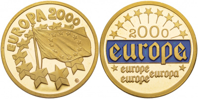 ЕВРОПА МЕДАЛЬ 2000 ЭКЮ, ЕВРОПА, ДИАМЕТР 30 ММ., ВЕС 12,3 ГР., ЭМАЛЬ медно-никель PROOF 1088-6-61