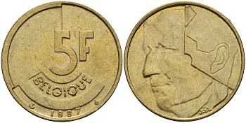 Бельгия 5 франков 1987 Belgique KM 163 алюминиевая бронза 4187-1126