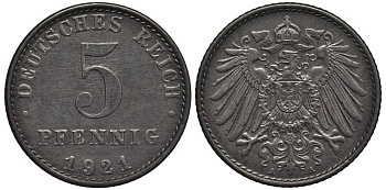 ГЕРМАНИЯ 5 ПФЕННИГОВ 1921 A KM 19, Jager 297, Weege 5 железо 4547-627