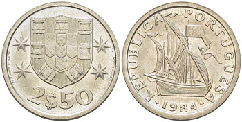 Португалия 2,5 эскудо 1984 парусник KM 590 медно-никель 213-246
