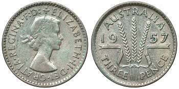 Австралия 3 пенса 1957 m, Елизавета II (1952-2022) KM 57 серебро 71-515
