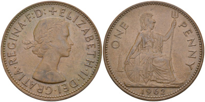 Великобритания 1 пенни 1962 Елизавета II (1952-2022) KM 897, Spink 4157 бронза 4117-615