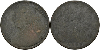 Великобритания 1 пенни 1887 Виктория (1837-1901) KM 755, Spink 3954 бронза 4144-645