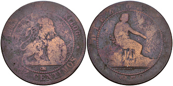 Испания 10 сентимо 1870 ОМ, лев со щитом KM 663 (Y54) медь 4149-344