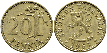 ФИНЛЯНДИЯ 20 ПЕННИ 1963 S KM 47 алюминиевая бронза 4364-4427