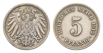 Германия 5 пфеннигов 1912 A, Вильгельм II (1888-1918) KM 11, J. 12 медно-никель 4164-332