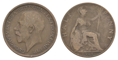 Великобритания 1/2 пенни 1918 Георг V (1910-1936) KM 809, Spink 4056 бронза 4538-113