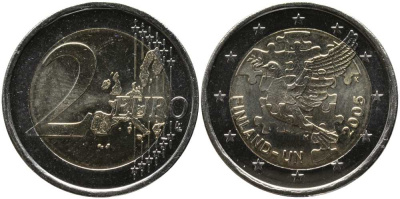 Финляндия 2 евро 2005 60 лет ООН, 50 лет членству Финляндии в ООН, голубь мира KM 119 биметалл UNC 115-1144