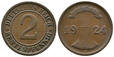 ГЕРМАНИЯ 2 РЕНТЕНПФЕННИГА 1924 J KM 31, J.307 бронза 93-323