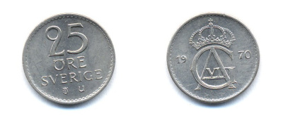 Швеция 25 эре 1970 Густав VI Адольф (1950-1973) KM 836 медно-никель 51-5234