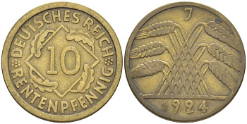 ГЕРМАНИЯ 10 РЕНTЕНПФЕННИГОВ 1924 J KM 33, J. 309, Weege 8 алюминиевая бронза 210-327