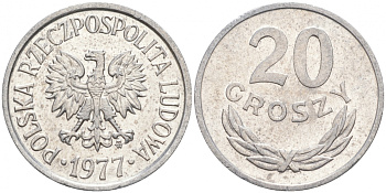 ПОЛЬША 20 ГРОШЕЙ 1977 MW KM А47 алюминий 4516-532
