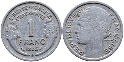 ФРАНЦИЯ 1 ФРАНК 1945 B KM 885a.2 алюминий 4393-1135