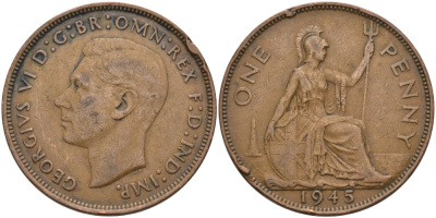 Великобритания 1 пенни 1945 Георг VI (1936-1952) KM 845, Spink 4114 бронза 4574-133