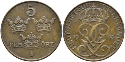 Швеция 5 эре 1925 Густав V (1907-1950) KM 779.2 бронза 4394-913