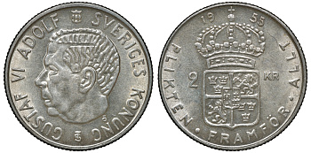Швеция 2 кроны 1955 TS, Густав VI Адольф (1950-1973) KM 827 серебро 4179-1326