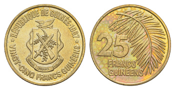 Гвинея 25 франков 1987 KM 60 медь цинк никель UNC 4596-636