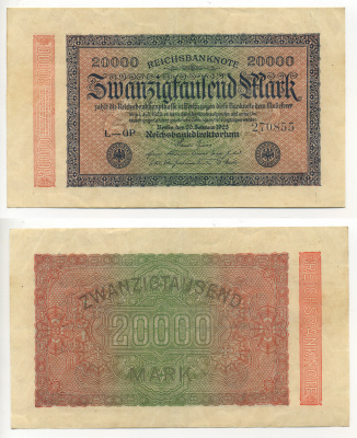 ГЕРМАНИЯ 20000 МАРОК 1923 20 ФЕВРАЛЯ 1923, ВОДЯНОЙ ЗНАК E, В ЗВЁЗДАХ G/D Pick 85b бумага 7183-7-2