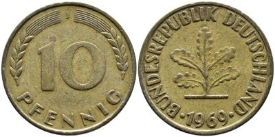 ФРГ 10 ПФЕННИГОВ 1969 J KM 108, J. 383 сталь плакированная латунью 73-1256