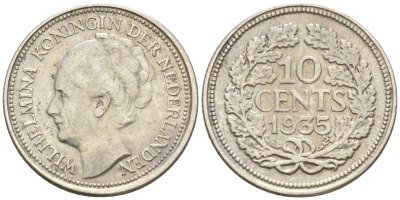Нидерланды 10 центов 1935 Вильгельмина I (1890-1948) КМ 163 серебро 4160-1235