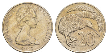 Новая Зеландия 20 центов 1972 Елизавета II (1952-2022), птичка киви KM 36 медно-никель 93-913