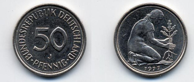 ФРГ 50 ПФЕННИГОВ 1977 J KM 109.2  медно-никель 36-1254