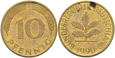ФРГ 10 пфеннигов 1990 F KM 108, J. 383 сталь плакированная латунью 4171-821