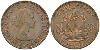 Великобритания 1/2 пенни 1963 Елизавета II (1952-2022) KM 896, Spink 4158 бронза 4163-1214
