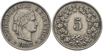 ШВЕЙЦАРИЯ 5 РАППЕНОВ 1892 В KM 26 медно-никель 26-764