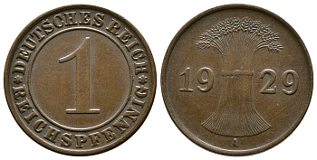 ГЕРМАНИЯ 1 РЕЙХСПФЕННИГ 1929 A KM 37, J. 313 бронза 4380-1154