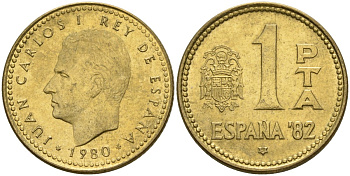 Испания 1 песета 1980 (81) чемпионат мира по футболу 1982 года в Испании, Хуан Карлос I (1975 - 2014) KM 816 алюминиевая бронза 4604-455