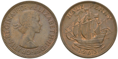 Великобритания 1/2 пенни 1963 Елизавета II (1952-2022) KM 896, Spink 4158 бронза 4163-1214