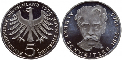 ФРГ 5 марок 1975 G, 100 лет со дня рождения Альберта Швейцара KM 143, J.418 серебро PROOF 1520-1324