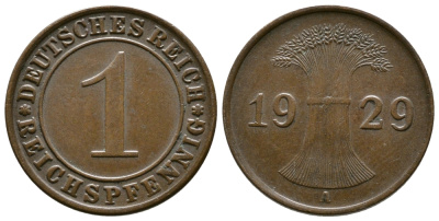 ГЕРМАНИЯ 1 РЕЙХСПФЕННИГ 1929 A KM 37, J. 313 бронза 4380-1154