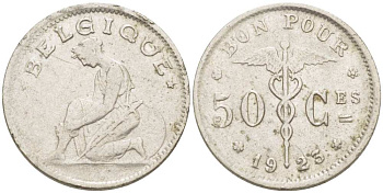 БЕЛЬГИЯ 50 САНТИМОВ 1923 BELGIQUE KM 87 никель 100-1036