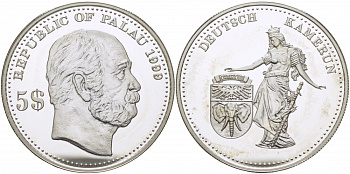 Палау 5 долларов 1999 немецкие колонии, Камерун KM 19 серебро PROOF 1077-9-52