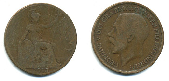 Великобритания 1 пенни 1913 Георг V (1910-1936) KM 810, Spink 4051 бронза 47-1236