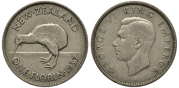 Новая Зеландия 1 флорин 1937 Георг VI (1936-1952), птичка киви, первый год KM 10.1 серебро 272-1431