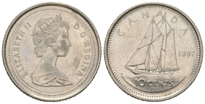 Канада 10 центов 1987 Елизавета II (1952-2022), парусник KM 77 никель 4381-733