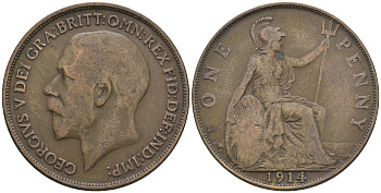 Великобритания 1 пенни 1914 Георг V (1910-1936) KM 810, Spink 4051 бронза 4607-1036