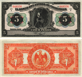 Мексика 5 песо 1913 банк штата Чиуауа, шахтер с инструментом Pick S132a бумага aUNC 6283-8-2