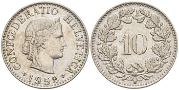 Швейцария 10 раппенов 1958 B KM 27 медно-никель     55-255
