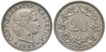 Швейцария 20 раппенов 1950 KM 29a медно-никель 4556-1015