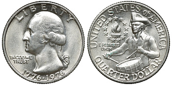 США 25 центов = квотер 1976 200 лет независимости (1776-1976), Вашингтон, барабанщик KM 204 медь плакированная медно-никелем 72-515